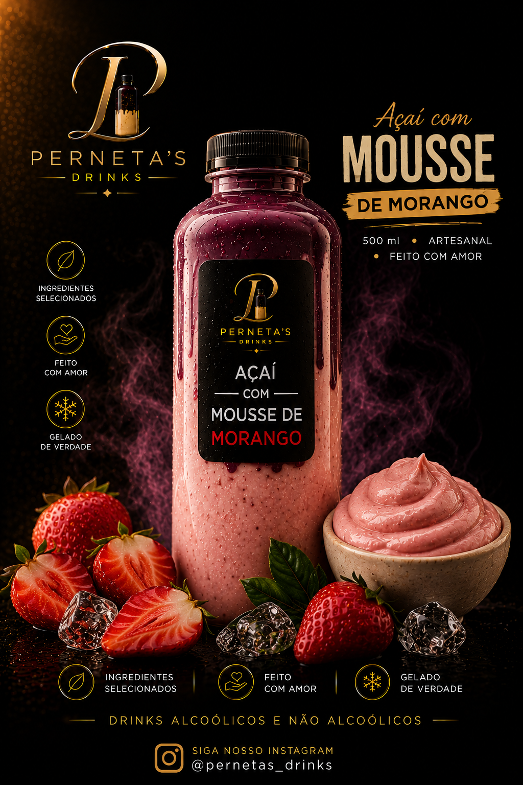 Açai com mousse de morango alcoólico